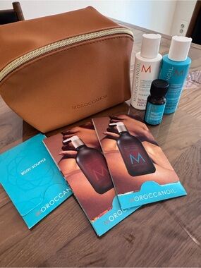 Moroccanoil Tan Travel Pouch with Blue and White Product Samples